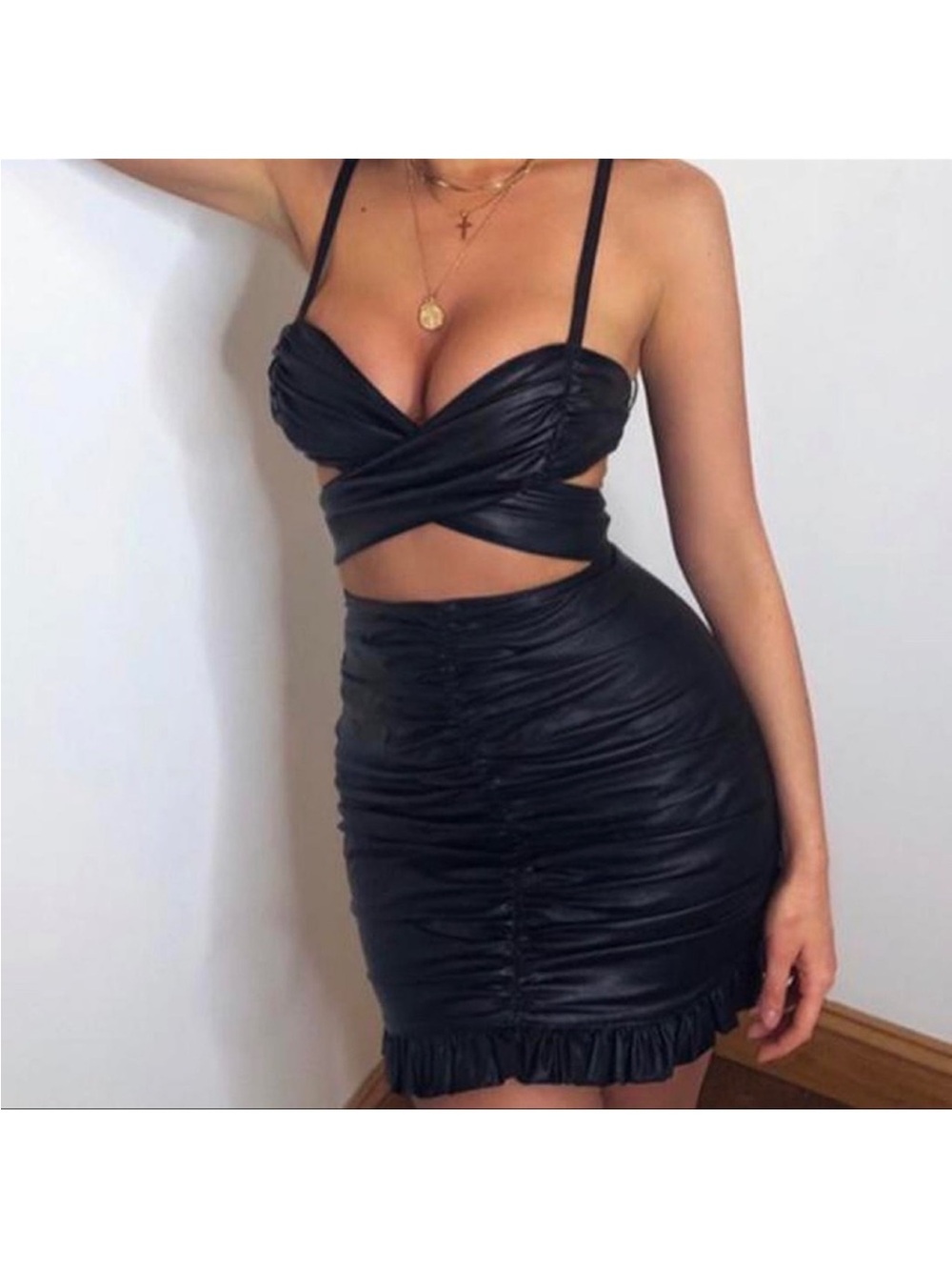 House of CB Thalia Black Vegan Leather Mini Dress with Open Cut Outs Size Small